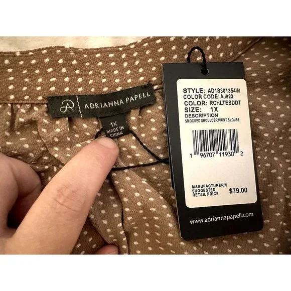 $78 NWT Adrianna Papell Plus Size 1x Brown Cream Polka Dot Short Sleeve Blouse - Picture 8 of 14